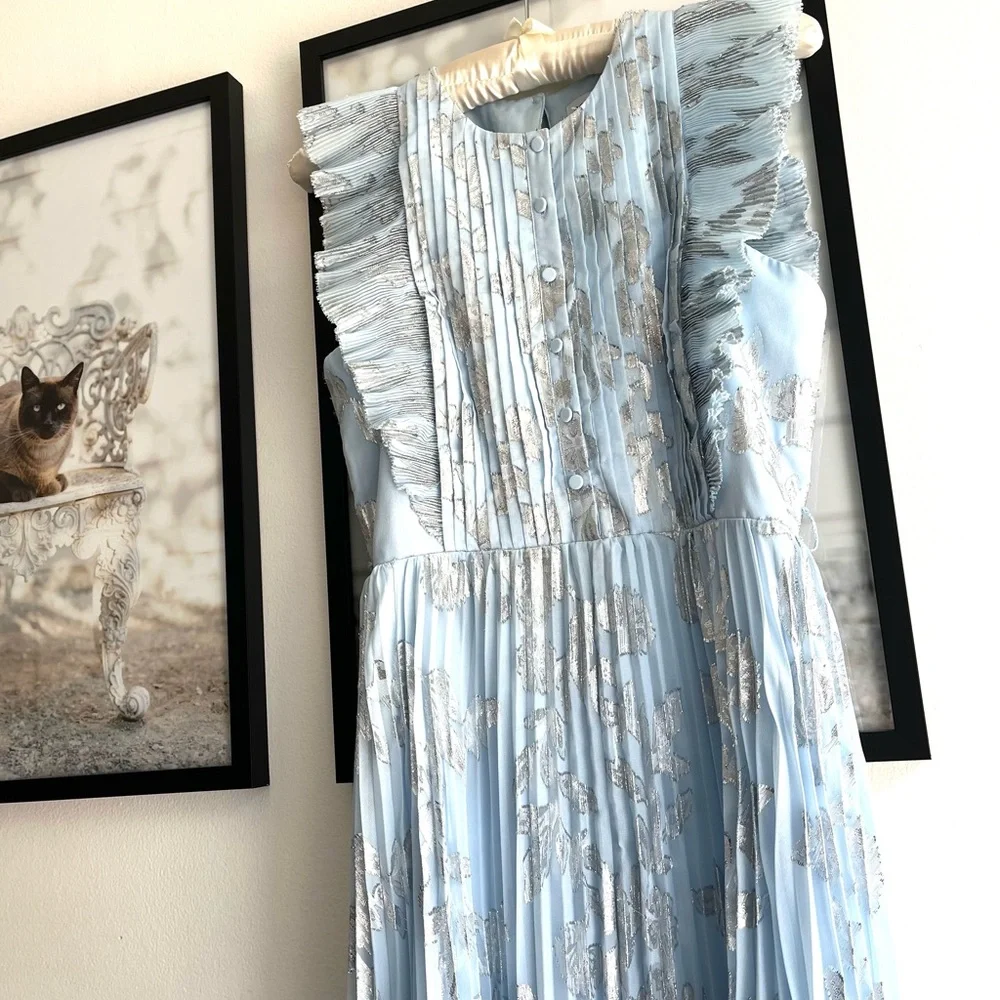 Self-Portrait Blue and Silver Flutter Sleeve Gown - Picture 6 of 7